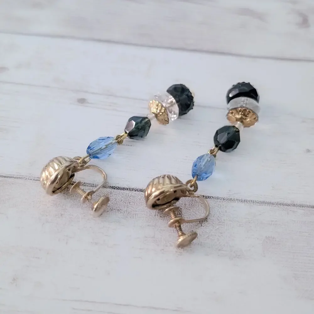 Vintage Screw Back Earrings Gold Tone, Blue. Black, Clear Long Dangle